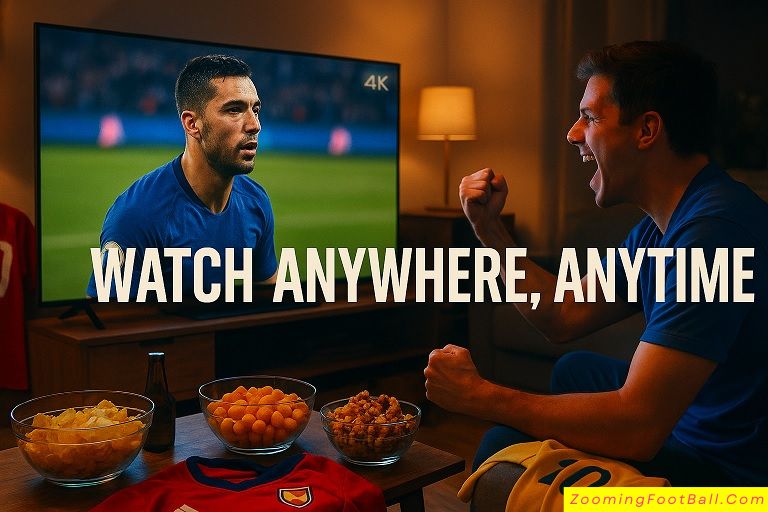 Family watching soccer games today on TV with streaming services guide