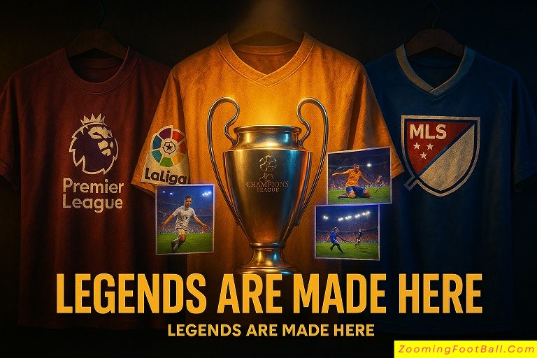 Premier League La Liga and MLS jerseys with Champions League trophy