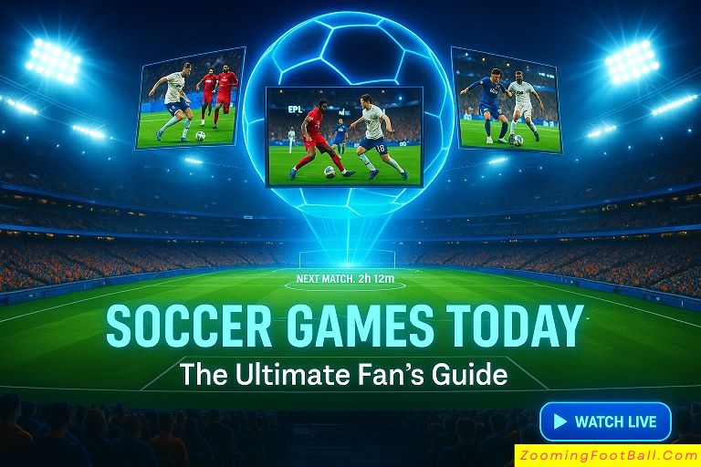 Soccer Games Today ultimate guide header with live match screens in illuminated stadium