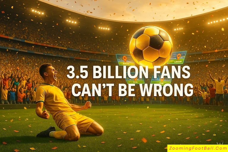 3.5 billion soccer fans cheering in packed stadium for popular football match