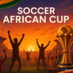 Soccer African Cup AFCON stadium celebration with trophy and fans