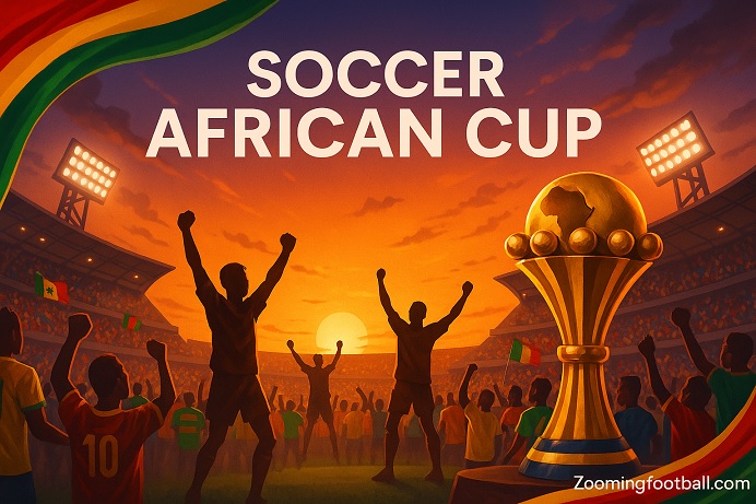 Soccer African Cup AFCON stadium celebration with trophy and fans